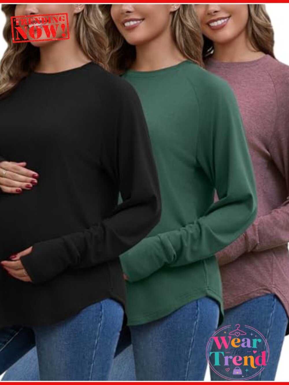 Maternity Long Sleeve Tops 3 Pack Loose Fit Pregnancy T-Shirts with Thumb Holes